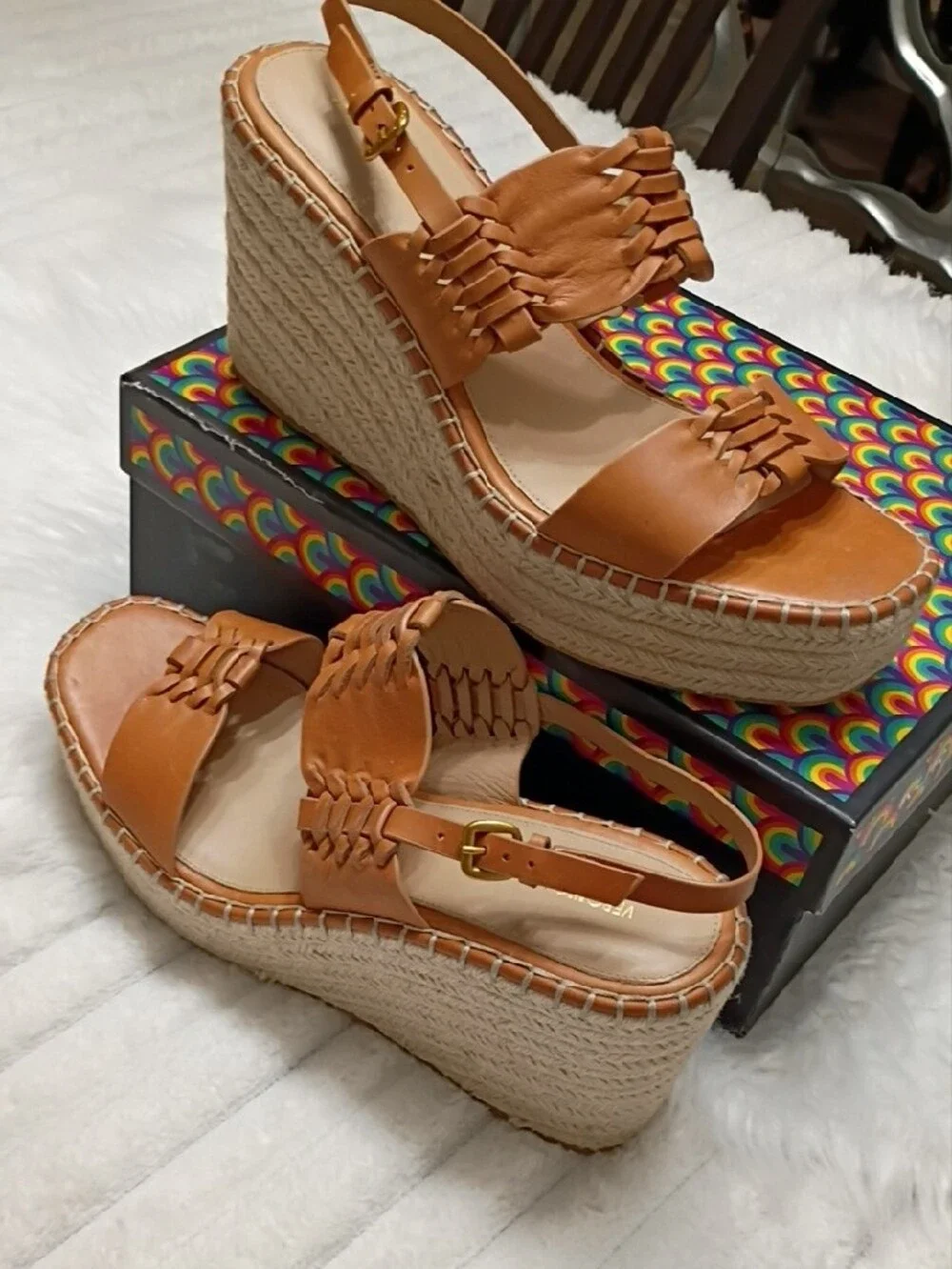 Veronica Beard Riya Cognac Leather Woven Espadrille Wedge Sandals